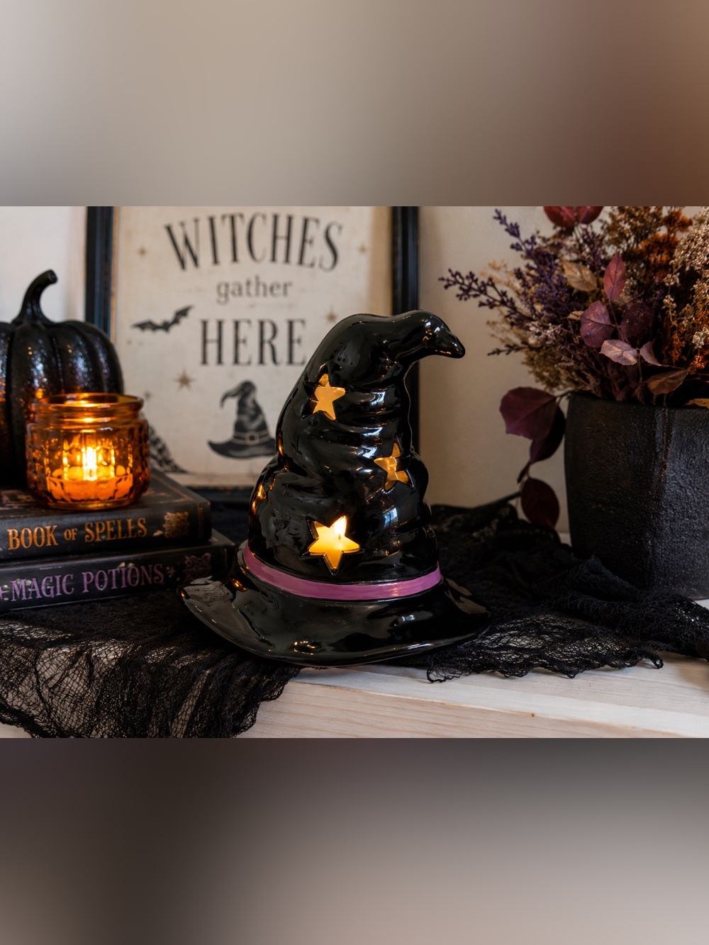 Black Ceramic Witch Hat Solar Light Star Cutouts Halloween Decor